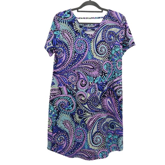 T By Talbots Ladder Back Confetti Paisley Dress Women LP Blue Boho Groovy Hippie - Picture 3 of 15